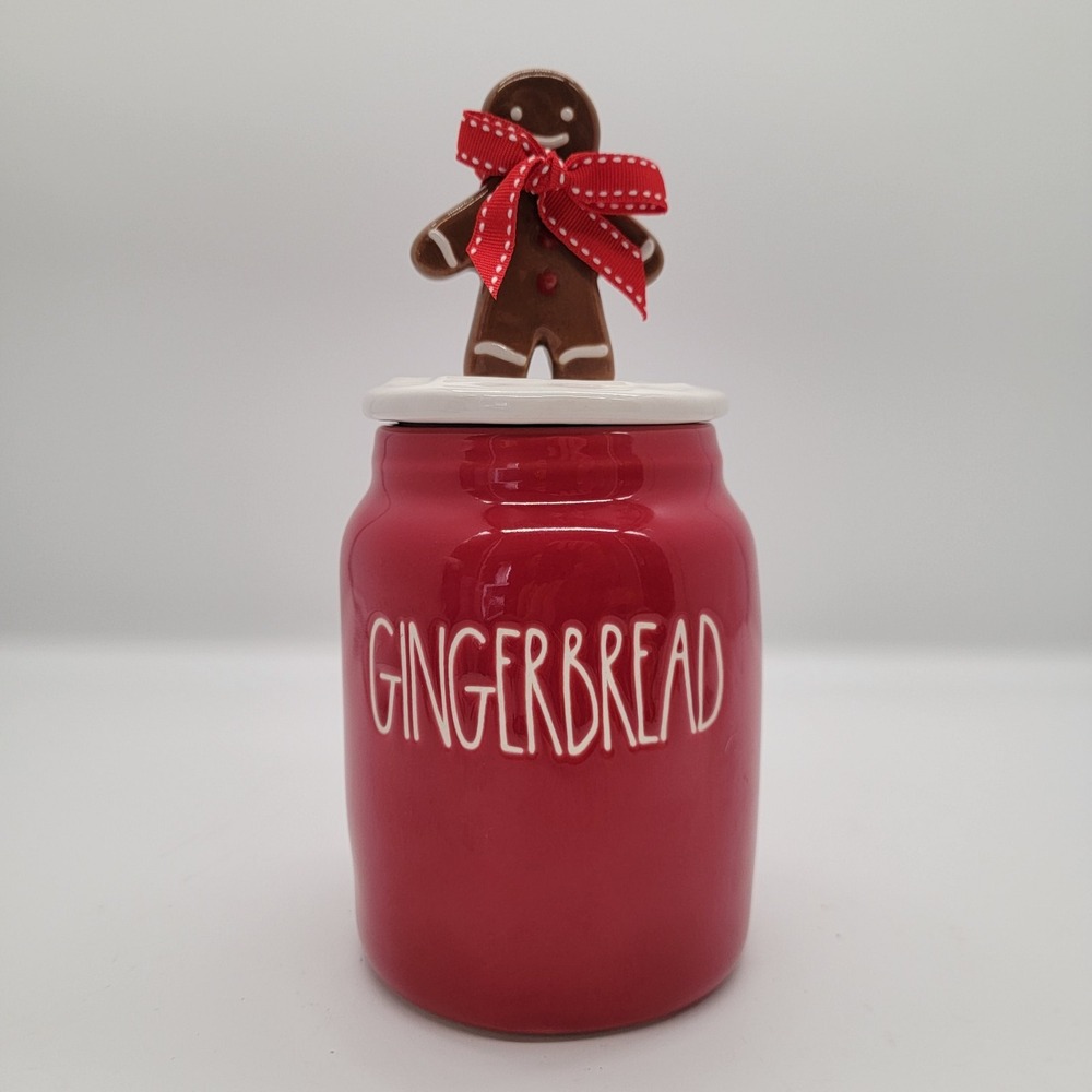 Rae Dunn Gingerbread Red Holiday Canister  Gingerbread Man Topper Ceramic NWOT